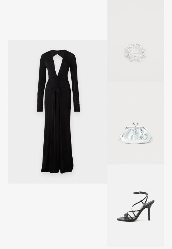 Vestido de noche negro con mangas largas, escote en V profundo, espalda con abertura, detalle en la cintura ceñida y un diseño fluido. Confeccionado en una tela suave y ligera.; Sándalo negro de tacón alto con tiras finas, hebilla en el tobillo, superficie de cuero suave y tacón de aguja esbelto.; Pequeño bolso de mano metálico plateado con diseño redondeado y fruncido y cierre de broche con dos esferas plateadas.; Broche circular con múltiples cristales transparentes en forma de pera, montados en una base de metal tono plata, con un cierre de alfiler en la parte posterior.