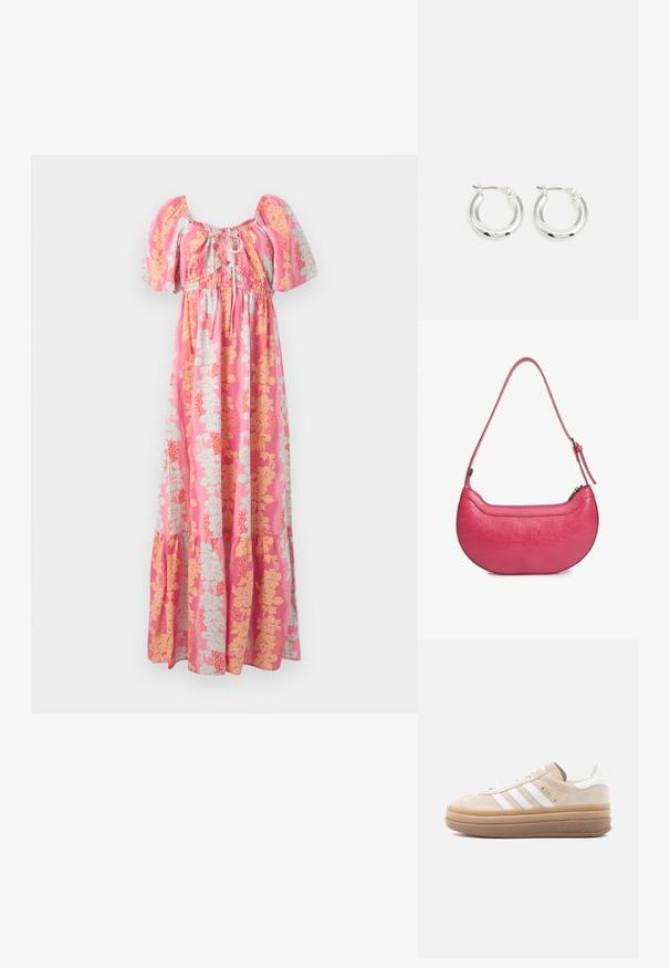 Robe maxi rose avec des manches bouffantes, un décolleté avec lien à l'avant, et un motif floral jaune et bleu clair.; Baskets en daim beige avec accents en cuir blanc, présentant trois rayures blanches, un logo doré et une semelle en caoutchouc épaisse et translucide.; Sac à main en cuir rose avec une forme incurvée, une seule bandoulière réglable et une fermeture éclair sur le dessus. Fini texturé avec des plis visibles.; Boucles d'oreilles en argent avec une finition polie, présentant une forme circulaire et une fermeture à charnière. Texture lisse avec un minimum de détails.