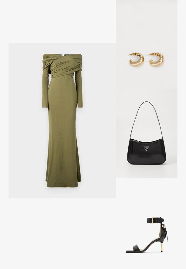 Vestido verde oliva de manga larga con diseño de hombros al descubierto. Cuerpo fruncido y silueta ajustada, que se estrecha hasta un dobladillo acampanado. Texture de tela suave.; Sándal de tacón de cuero negro con punta cuadrada, correa en el tobillo con hebilla dorada y un tacón metálico esbelto. Textura suave, diseño minimalista.; Bolso de hombro de charol negro con forma curva, que presenta un logotipo triangular plateado y un cierre de cremallera. Textura suave y correa delgada.; Dos pendientes de aro dorados brillantes en un diseño curvado, con acentos naranjas cerca del poste, sobre un fondo blanco liso.