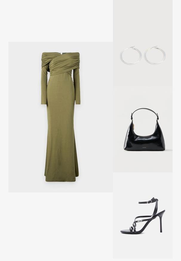 Vestido verde oliva de manga larga con diseño de hombros al descubierto. Cuerpo fruncido y silueta ajustada, que se estrecha hasta un dobladillo acampanado. Texture de tela suave.; Sandalia negra de tacón alto con tiras finas, hebilla en el tobillo y detalle de logo metálico en la tira lateral, sobre un fondo blanco.; Bolso negro brillante de Calvin Klein con cremallera dorada y correa corta sobre un fondo blanco liso.; Pareja de pendientes de aro plateados brillantes con cierres de alambre delgado, mostrados sobre un fondo gris claro.