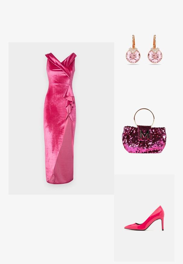 WAL G. HAILY RUFFLE MAXI - Vestido de fiesta - rose pink; Zapato de tacón alto de charol rosa brillante con punta afilada y silueta elegante, que cuenta con un delgado tacón de aguja y un interior negro.; Bolso de mano de lentejuelas rosas con un asa circular dorada y un logo con acentos en negro que presenta una "M". La textura es brillante y reflectante.; Pendientes de oro rosa con grandes cristales rosas con un grabado intrincado, complementados por pequeñas piedras decorativas transparentes.