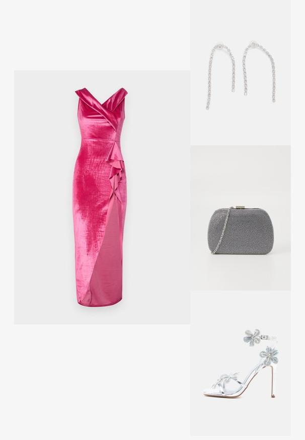 WAL G. HAILY RUFFLE MAXI - Pidulikud riided - rose pink; Hõbedased kõrged kontsakingad läbipaistvate rihmade ja lillekaunistustega, millel on rhinestones ja pahkluu rihm pandlaga.; Mustvalge tekstuuriga kott, ümmarguse kujuga, hõbedane kettstrap ja metallist kinnitusega üleval.; Hõbedased kõrvarõngad, millel on rippuvad kettid ning mitmed selged vääriskivid, paigutatud lineaarsesse mustrisse, andes sädeleva efekti.