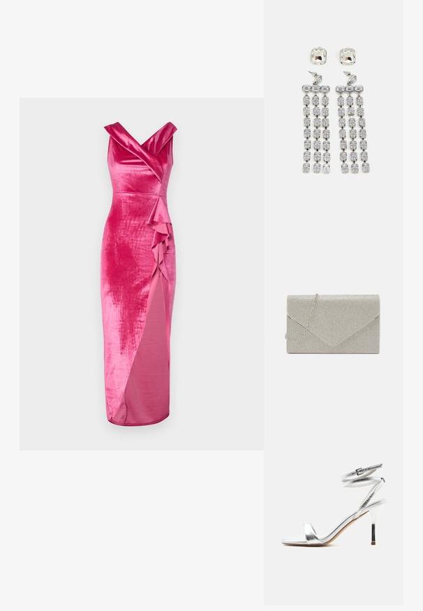 WAL G. HAILY RUFFLE MAXI - Vestido de fiesta - rose pink; Sandalia plateada de tacón alto con tiras que envuelven el tobillo y un delgado tacón de aguja, mostrada de lado sobre un fondo blanco.; Bolso de mano metálico plateado con diseño de sobre, embellecido con un patrón texturizado, que incluye una correa de cadena desmontable.; Pendientes colgantes de cristal con herrajes en tono plateado, que presentan un stud cuadrado y filas en cascada de cristales rectangulares y octogonales.