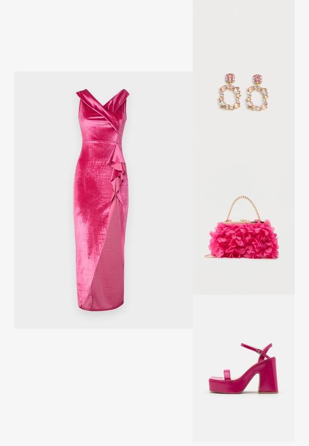 WAL G. HAILY RUFFLE MAXI - Vestido de fiesta - rose pink; RAID MAARIA - Sandalias de tacón - pink; Bolso de mano floral rosa con superficie texturizada, herrajes dorados, asa de cadena y cierre de broche. Diseño de pétalos suaves y superpuestos.; Pendientes en tono dorado con racimos de gemas rosas y claras que forman un aro cuadrado y una gran gema cuadrada rosa en la parte superior.