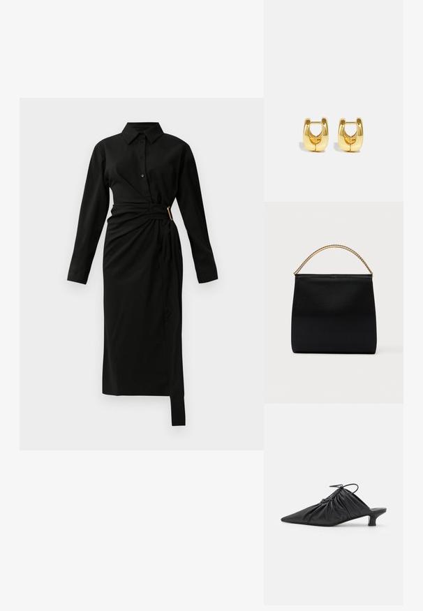 Robe chemise midi noire à manches longues avec col, bouton sur le devant et un drapé asymétrique à la taille maintenu par une boucle dorée sur le côté droit.; Mules noirs en cuir à enfiler avec un bout pointu, une texture froncée et un petit talon aiguille. Présente un détail à cordon au niveau de l'ouverture.; Sac noir en tissu lisse, présentant une forme structurée, une poignée en chaîne dorée et un design géométrique minimaliste.; Boucles d'oreilles en or avec un design élégant et arrondi. Présentent un centre creux et une surface brillante, complétant les styles modernes.