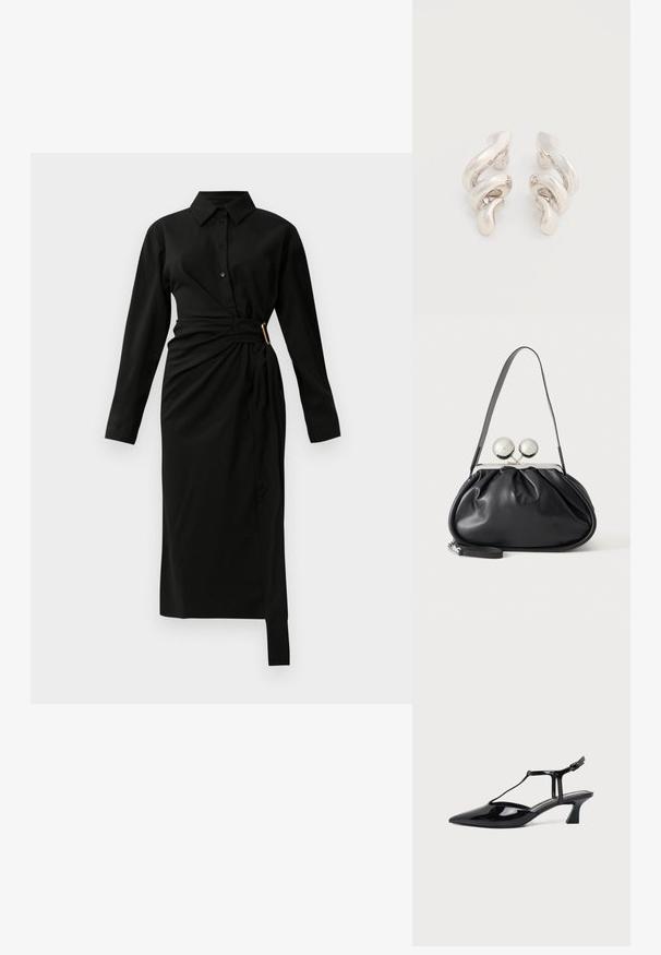Sort langærmet midi skjortekjole med krave, knaplukning foran og en asymmetrisk taljebind, der er sikret med en guldspænde på højre side.; Sort laklæder spids tå slingback sko med T-rem og lav skrå blokhæl på hvid baggrund.; Sort læderhåndtaske med opsamlet design, en enkelt rem, sølv metalramme og to store runde sølv lukninger.; Tvistede sølvfarvede ørestikker med en glat, blank overflade, der har et moderne, abstrakt spiraldesign.