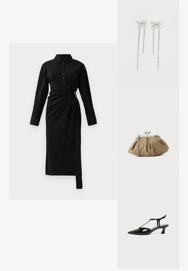 Sort langærmet midi skjortekjole med krave, knaplukning foran og en asymmetrisk taljebind, der er sikret med en guldspænde på højre side.; Sort lakeret læder damesko med lav hæl, slingback, spids tå og tynd rem med lille spænde.; Læderclutch i blød beige med afrundet form, plisseret tekstur, sølvfarvet kiss-lock lukning og aftagelig kæderem.; Lange sølvøreringe med en klynge af rhinsten øverst og hængende tråde af mindre rhinsten nedenunder.