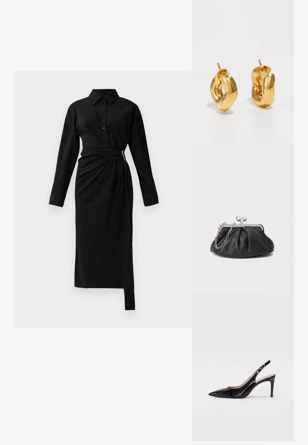 Sort langærmet midi skjortekjole med krave, knaplukning foran og en asymmetrisk taljebind, der er sikret med en guldspænde på højre side.; Sort patenteret læder slingback stiletto med spids tå, slank hæl og et subtilt udskæringsdesign. Har en gylden spænde på remmen.; Sort læder clutch med samlet tekstur, sølvfarvet metalramme, kys-lås lukning og kædestrop. Glat, blød overflade.; Chunky guld hoop øreringe med et let snoet, rørformet design og postsystem bagpå, på en hvid baggrund.