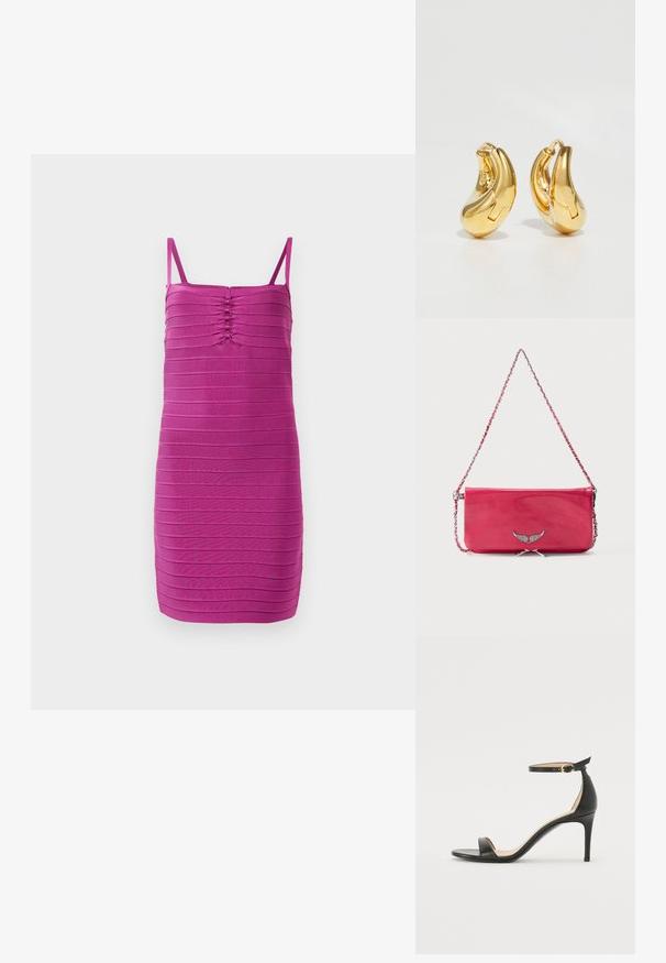 Robes ajustées sans manches de couleur rose vif, avec des fronces horizontales, un décolleté droit et des bretelles fines.; Sandale à talons hauts en cuir noir avec une lanière de cheville. Présente une texture lisse, un bout ouvert et un talon fin. Détail de boucle en ton doré.; Sac d'épaule rectangulaire rose vif avec une bandoulière chaîne argentée et un petit emblème d'aile argenté sur le rabat avant.; Boucles d'oreilles en or en forme de d'anneaux lisses et courbés avec une finition polie. Équipées d'un mécanisme de fermeture et de légères indentations pour le détail.
