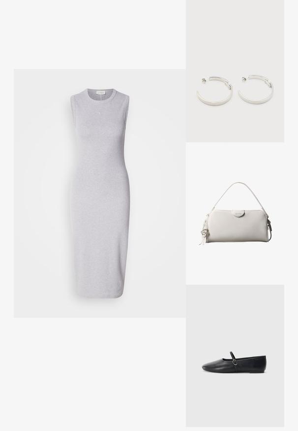 Robe midi sans manches grise en tissu mélange de coton. Dotée d'un col rond et d'un détail de logo subtil sur la poitrine. Texture lisse.; Ballerines noires en cuir avec un bout pointu, une semelle plate et une petite sangle avec un détail de boucle en argent.; Sac à main rectangulaire blanc Calvin Klein avec une seule poignée, design minimaliste et pampilles décoratives avec un charm métallique géométrique sur le côté.; Boucles d'oreilles demi-cercles ton argent avec texture striée et fermoirs à pression sur fond blanc.