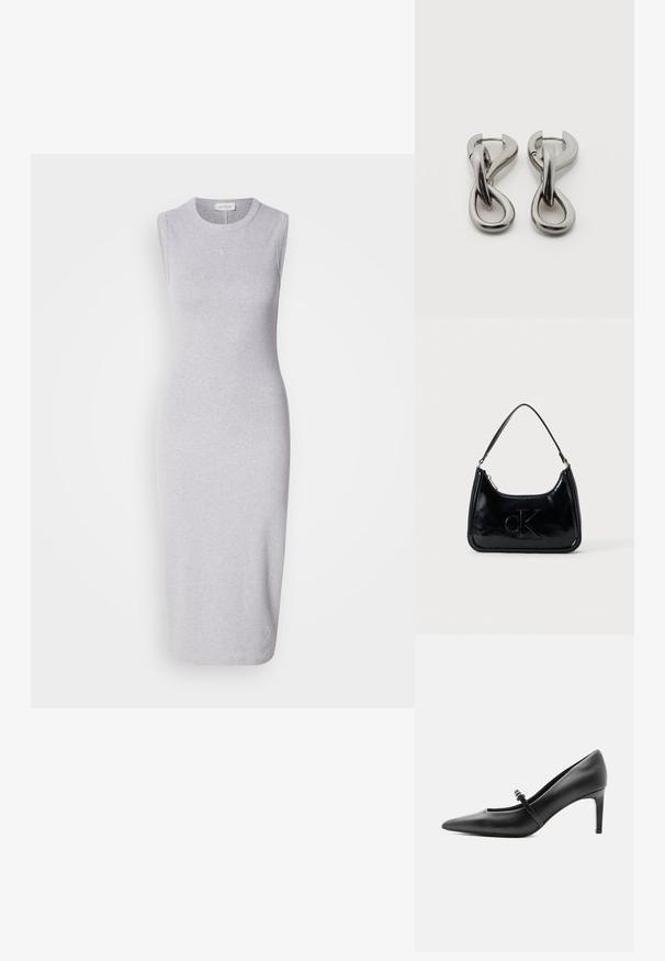Vestido midi sin mangas gris hecho de una mezcla de algodón. Presenta un escote redondo y un sutil detalle del logo en el pecho. Textura suave.; Zapato de tacón alto de cuero negro con punta puntiaguda, con tira fina y hebilla sobre el empeine, sobre fondo claro y neutro.; Bolso de mano de piel sintética negra con un asa curvada en la parte superior, cierre de cremallera y logo "cK" en relieve en el frente. Textura suave, forma estructurada.; Par de pendientes de metal con acabado plateado y diseño abstracto de bucles entrelazados sobre un fondo blanco.
