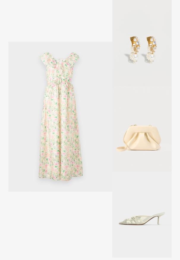Vestido largo sin mangas con estampado floral en rosa y verde, escote con volantes y detalle de lazo cruzado en la parte superior de la espalda.; Mule de satén blanco con punta afilada, detalles fruncidos y tacón medio y delgado sobre un fondo liso.; Bolso clutch de cuero suave beige con estructura rígida y detalle fruncido en el frente, con una correa delgada para la muñeca y cremallera dorada.; Pendientes de aro dorados decorados con cristales transparentes y perlas blancas pequeñas y grandes en cascada, presentados sobre un fondo blanco liso.