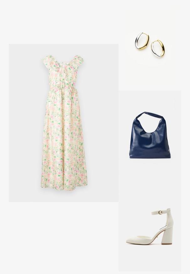 Vestido largo sin mangas con estampado floral en rosa y verde, escote con volantes y detalle de lazo cruzado en la parte superior de la espalda.; Zapato de tacón sintético blanco con puntera afilada, diseño de empeine abierto, correa en el tobillo y tacón cuadrado. Textura suave con un estilo minimalista.; Bolso de hombro de imitación cuero azul marino con una textura suave y brillante, cuerpo redondeado y un único asa ancha para un fácil transporte.; Pendientes de aro de metal dorado y plateado con un diseño liso y curvado. Cada pendiente presenta un acabado bicolor con superficies brillantes.