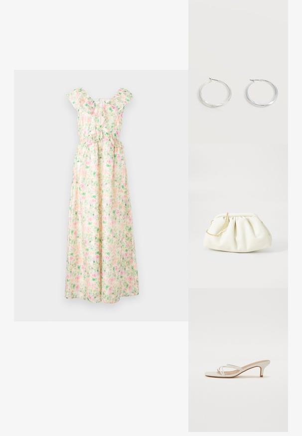 Lang ærmeløs kjole med blomsterprint i pink og grøn, flæset udskæring og krydslåst bindedetalje øverst på ryggen.; Hvide block-heel sandaler har tynde stropper og et kvadratisk tådesign. Hælen er ca. midt-høj, med en glat overflade.; Hvid læderhåndtaske med en samlede design, forsynet med en guldkæde-strop og en rund form. Glat tekstur med bløde folder og ingen mønstre.; Sølvfarvede metaloorringe med glat, let buet overflade og låsemekanisme på en ensfarvet hvid baggrund.