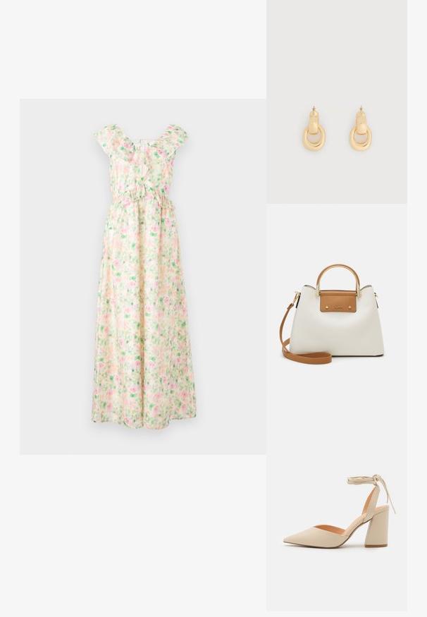Ärmelloses langes Blumenmusterkleid in Pink und Grün mit Rüschen am Ausschnitt und gekreuzten Bändern am oberen Rücken.; Beige Highheel mit spitzem Zeh, Knöchelriemen und breitem Blockabsatz. Glattes, synthetisches Material mit matter Oberfläche.; Weißer Handtasche aus genarbtem Leder mit braunem Lederakzent und einem oberen Griff. Inklusive abnehmbaren Schultergurt und goldfarbener Hardware.; Paar polierte Ohrringe in Goldoptik mit einem gebogenen rechteckigen Oberteil, das mit einem unregelmäßig ovalförmigen Kreis verbunden ist, vor einem schlichten weißen Hintergrund.