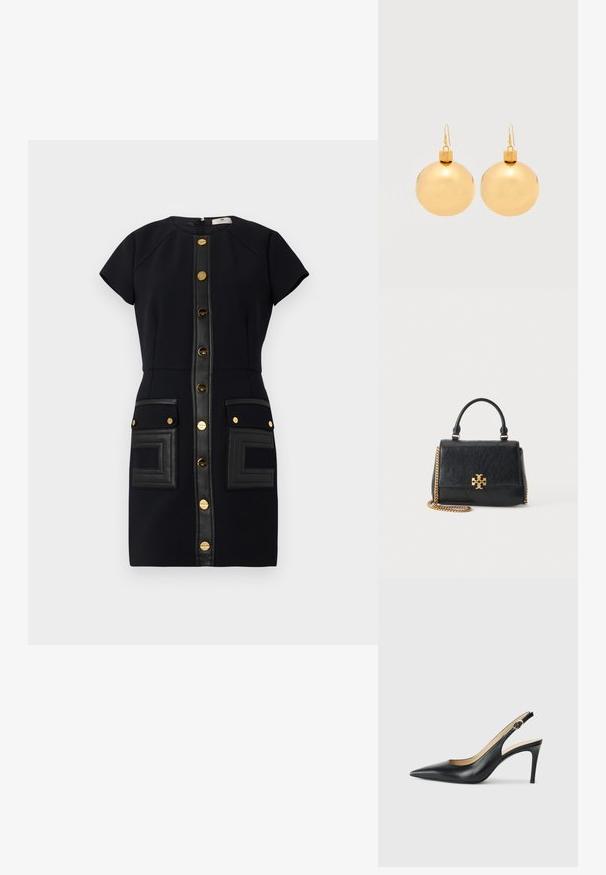 Vestido negro con mangas cortas, botones dorados y detalles de cuero. Presenta dos bolsillos de parche con un detalle texturizado.; Tacones altos negros de cuero con tirantes, punta afilada, correa ajustable y un elegante tacón de aguja, con un acabado suave.; Bolso de mano de cuero negro con asa superior, cadena dorada y cierre dorado en forma de rompecabezas sobre un fondo blanco liso.; Par de pendientes de bola navideña dorados brillantes con cierre de gancho sobre un fondo blanco liso.
