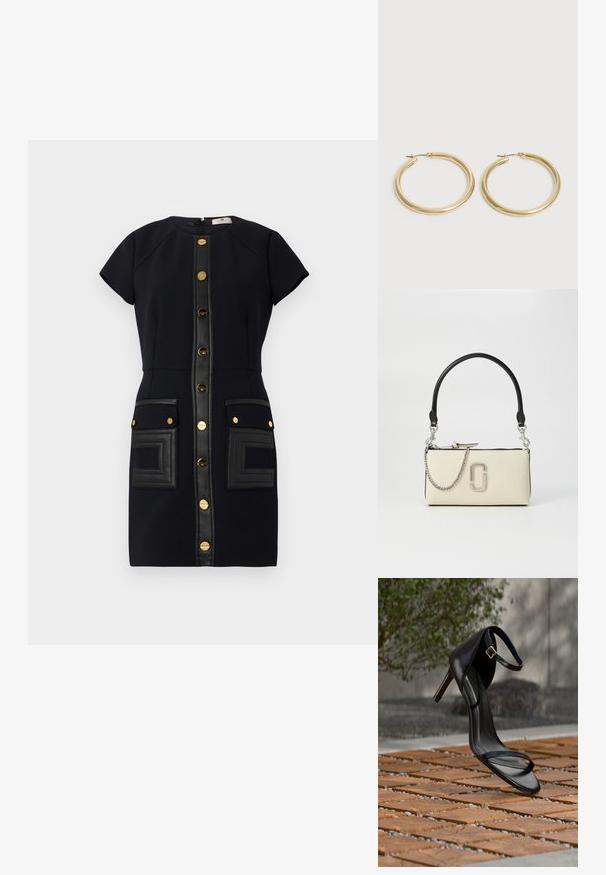 Vestido negro con mangas cortas, botones dorados y detalles de cuero. Presenta dos bolsillos de parche con un detalle texturizado.; Sandalia negra de tacón alto con correa en el tobillo, parece suspendida sobre un suelo de baldosas de madera al aire libre, con un fondo difuminado de vegetación y piedra.; Bolso color crema con un asa negra, detalle de cadena plateada y un logotipo destacado en el frente. Textura suave y cierre con cremallera.; Par de pendientes de aro de oro liso y brillante con postes delgados y cierres con bisagra sobre un fondo claro y sencillo.