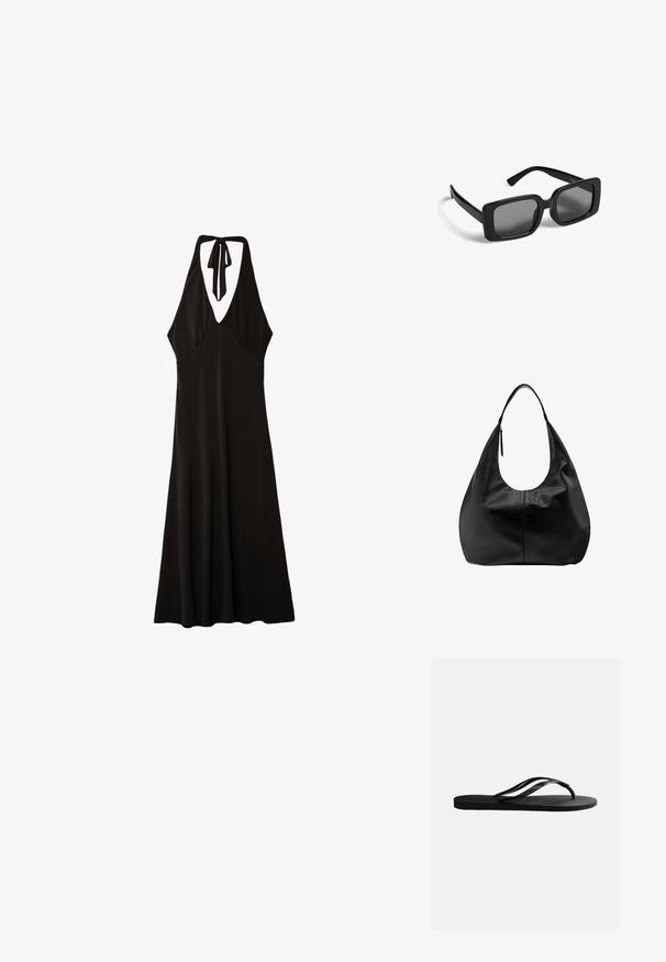 Stradivarius MIDI WITH KNOT - Robe en jersey - black; Sandale tong en caoutchouc noir avec semelle texturée et fines brides en Y sur un fond blanc uni.; Lunettes de soleil rectangulaires noires avec des montures épaisses et des verres teintés foncés posées sur une surface blanche.; Sac à main hobo décontracté en cuir noir avec une seule bandoulière large et un détail de tirette de fermeture éclair sur fond blanc uni.