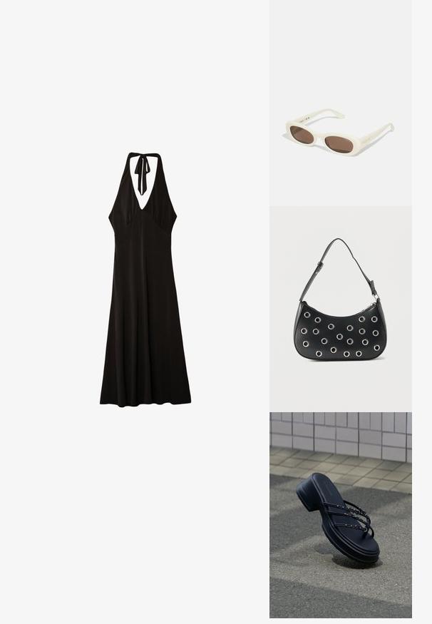 Stradivarius MIDI WITH KNOT - Robe en jersey - black; Sandale à plateforme noire avec trois fines brides et boucles argentées flottant au-dessus de l'asphalte près d'un mur carrelé.; Lunettes de soleil crème avec des verres en forme ovale, teintés de brun, dotées d'une finition brillante et d'un discret logo "Vogue" sur le côté.; Sac d'épaule en cuir noir avec bandoulière réglable, orné d'œillets en métal argenté et fermeture éclair supérieure.