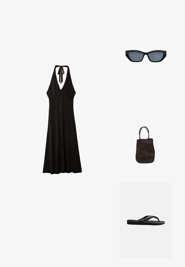 Stradivarius MIDI WITH KNOT - Robe en jersey - black; Sandale tong noire en caoutchouc avec semelle texturée et brides lisses, vue de côté sur un fond gris clair uni.; Lunettes de soleil noires style œil de chat avec des montures épaisses et des verres teintés foncés, présentées sur fond blanc.; Sac fourre-tout tissé noir avec deux poignées, taille moyenne, design simple et texture flexible sur fond blanc.