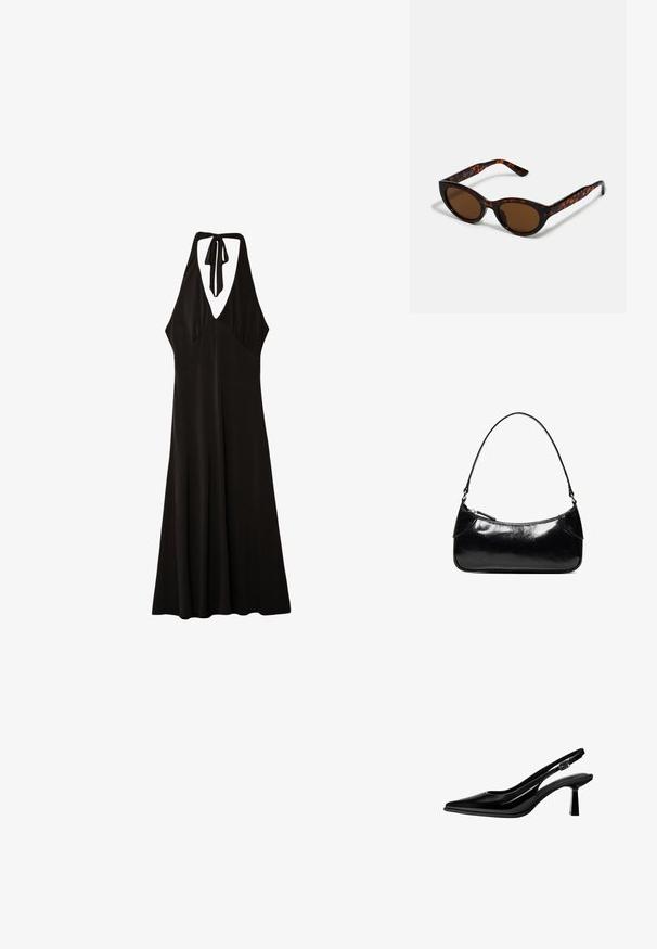 Stradivarius MIDI WITH KNOT - Robe en jersey - black; Escarpin slingback en cuir verni noir avec bout pointu, talon bloc de hauteur moyenne et bride réglable à boucle sur fond blanc.; Lunettes de soleil en écaille de tortue marron avec une forme vintage de lunettes cat-eye et des verres marron. Présente des branches courbées avec des accents rouges.; Sac à épaule en cuir noir brillant avec un seul compartiment zippé et une fine bandoulière arquée.