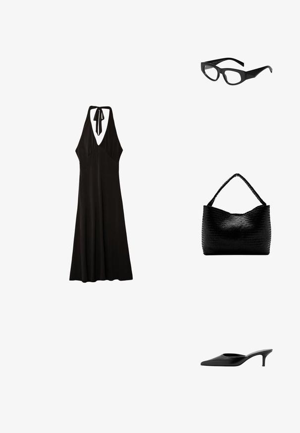 Stradivarius MIDI WITH KNOT - Robe en jersey - black; Mule en cuir noir à bout pointu, avec un petit talon fin et un design sans contrefort pour enfiler facilement.; Lunettes rectangulaires noires à finition brillante, avec des bords angulaires et des branches effilées. Fabriquées à partir de 75 % de matériaux recyclés.; Sac à main tissé noir avec une anse unique tressée, forme rectangulaire et surface texturée brillante.