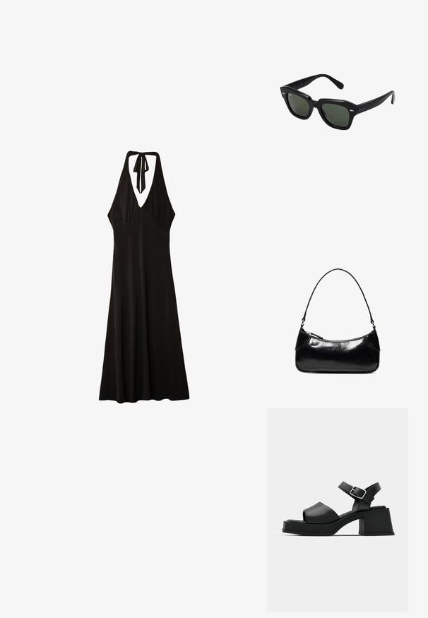 Stradivarius MIDI WITH KNOT - Jerseykleid - black; Schwarze Leder-Plateausandalen mit einem Peeptoe-Design, Knöchelriemen und einem klobigen, quadratischen Absatz. Sanfte Textur und minimalistischer Stil.; Schwarze quadratische Sonnenbrillen mit dunkelgrünen Gläsern, ausgestattet mit markanten Rahmen und silbernen Akzenten an den Seiten. Hergestellt in Italien.; Schwarze, glänzende Lederschultertasche mit einem einzelnen Reißverschlussfach und einem dünnen, bogenförmig gebogenen Träger.