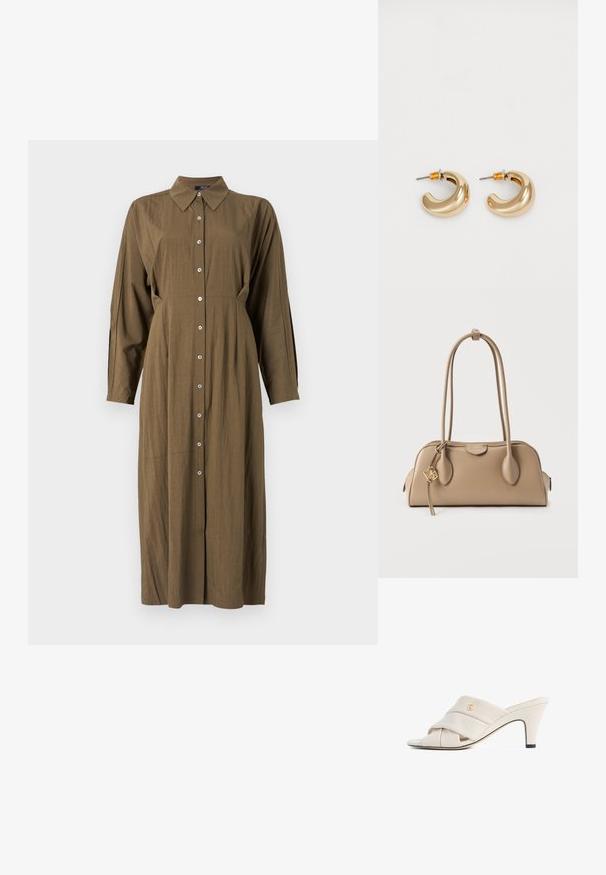 Vestido verde oliva de manga larga con cuello puntiagudo, cierre de botones en la parte delantera y corte holgado. Tejido suave con textura sutil y costuras laterales.; Mules de tacón alto beige con diseño de tira de cuero torcida, punta abierta y detalle de logotipo en relieve. El tacón tiene un detalle en punta negra.; Bolso beige con textura de cuero suave. Forma redondeada, dos asas largas y un detalle de herrajes dorados en el cierre de cremallera.; Dos pendientes de aro dorados brillantes en un diseño curvado, con acentos naranjas cerca del poste, sobre un fondo blanco liso.