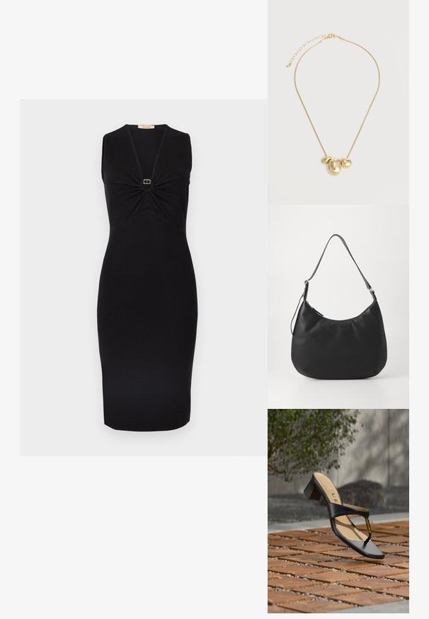 Robe noire sans manches avec un col en V et un détail froncé au niveau de la poitrine, ornée d'un petit accent circulaire doré au centre. Silhouette ajustée.; Sandale noire à talon avec boucle pour l'orteil et accent doré, placée sur une surface pavée en bois et pierre en extérieur près de la verdure.; Sac hobo noir en matériau lisse et durable. Comprend une seule sangle réglable et un logo embossé subtil à l'avant.; Collier doré avec trois pendentifs irréguliers en forme de galets lisses sur une chaîne fine avec fermoir réglable.