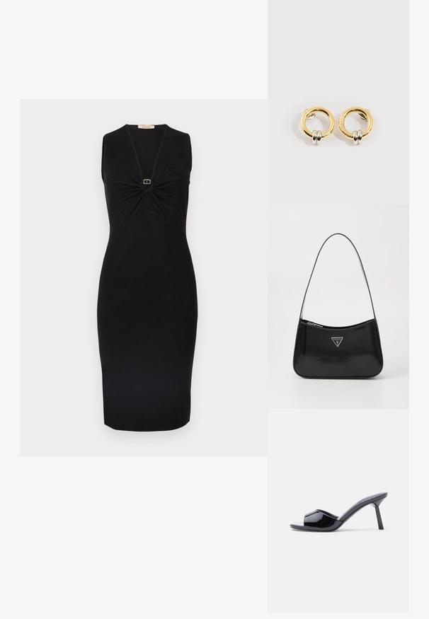 Vestido negro sin mangas con escote en V y detalle fruncido en el busto, con un pequeño adorno circular dorado en el centro. Silueta ajustada.; Sandalias de tacón con punta abierta de charol negro, con un diseño superior curvado y tacón de aguja cónico. Acabado liso y brillante.; Bolso de hombro de charol negro con forma curva, que presenta un logotipo triangular plateado y un cierre de cremallera. Textura suave y correa delgada.; Pendientes circulares de oro con dos pequeños anillos de plata en cada uno, que muestran detalles sutiles del nombre de la marca grabado, colocados sobre un fondo blanco.
