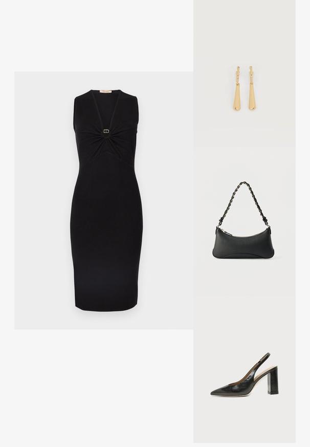 Vestido negro sin mangas con escote en V y detalle fruncido en el busto, con un pequeño adorno circular dorado en el centro. Silueta ajustada.; Zapato slingback de piel negra con puntera puntiaguda, tacón alto y ancho, y forro interior beige sobre un fondo claro y liso.; Bolso de hombro de cuero negro con forma rectangular curvada, cadena dorada entrelazada en una correa negra trenzada y cierre superior con cremallera.; Pendientes colgantes en tono dorado con colgantes alargados y suaves en forma de lágrima, colgando de cierres de aros pequeños sobre un fondo blanco.