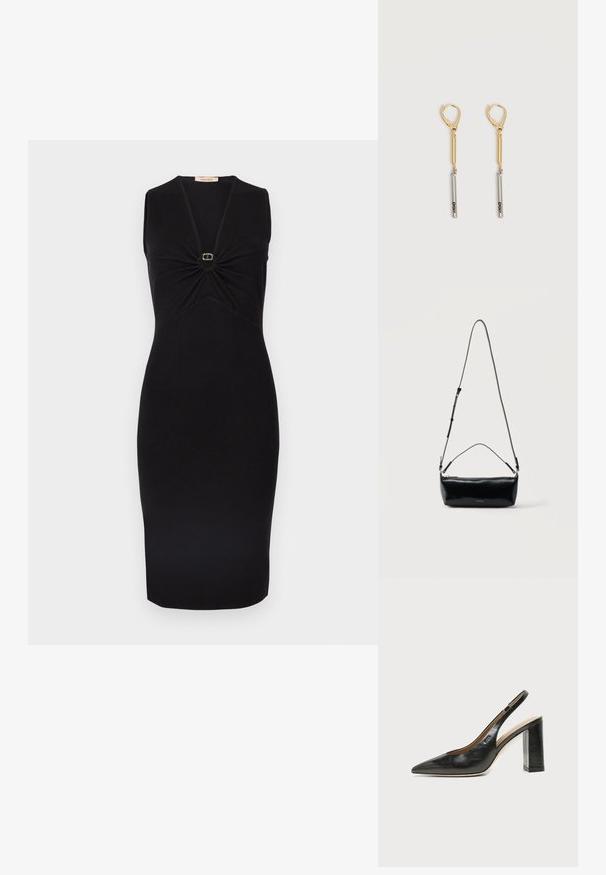 Vestido negro sin mangas con escote en V y detalle fruncido en el busto, con un pequeño adorno circular dorado en el centro. Silueta ajustada.; Zapato slingback de piel negra con puntera puntiaguda, tacón alto y ancho, y forro interior beige sobre un fondo claro y liso.; Bolso cruzado rectangular de cuero negro con correa de hombro ajustable, cremallera superior y pequeño logo dorado de Calvin Klein en el frente.; Pendientes colgantes de oro y plata con cierres de palanca, que presentan una barra de oro unida a una barra de plata grabada con "DKNY" sobre un fondo blanco.