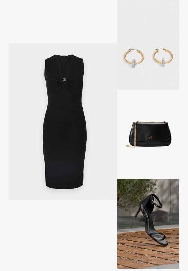 Vestido negro sin mangas con escote en V y detalle fruncido en el busto, con un pequeño adorno circular dorado en el centro. Silueta ajustada.; Sandalia negra de tacón alto con correa en el tobillo, parece suspendida sobre un suelo de baldosas de madera al aire libre, con un fondo difuminado de vegetación y piedra.; Bolso bandolera de cuero negro con correa de cadena dorada y pequeño logo dorado de CK en la solapa frontal.; Par de pendientes de aro en tono dorado con pequeño detalle de aro en tono plateado en cada uno, expuestos sobre un fondo gris claro.