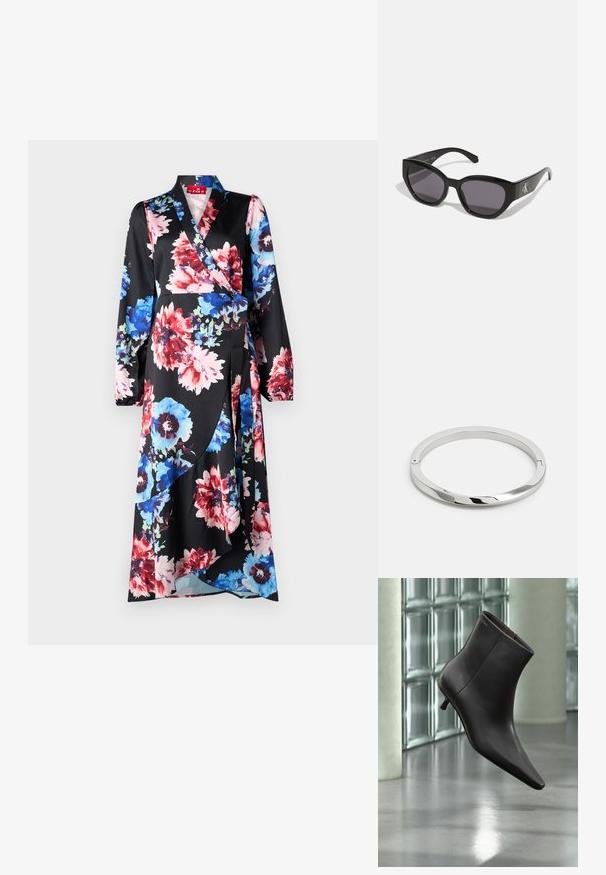 Vestido envolvente floral en tela negra con grandes flores rojas, azules y rosas. Mangas largas, escote en v y cintura con lazo, con una silueta fluida.; Bota de cuero negro para el tobillo con puntera puntiaguda y tacón pequeño, exhibida frente a una pared de bloques de vidrio y un suelo pulido.; Gafas de sol negras con un diseño elegante y angular, lentes oscuros y un logo plateado en contraste en el lateral. Textura de plástico suave.; Pulsera de metal plateado con una superficie lisa y brillante y bordes planos. Presenta un diseño circular abierto con un sutil detalle de cierre.