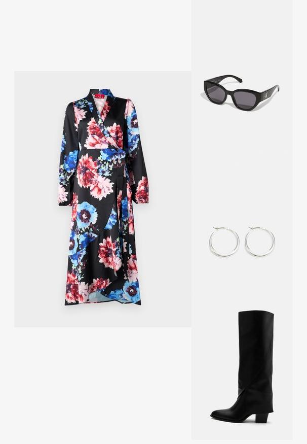 Blumenkleid aus schwarzem Stoff mit großen roten, blauen und pinken Blumen. Lange Ärmel, V-Ausschnitt und eine Taillenbindung mit fließendem Schnitt.; Hoher schwarzer Lederstiefel mit schräger Naht, spitzer Spitze und klobigem mittelhohem Absatz auf weißem Hintergrund.; Schwarze Sonnenbrille mit einem schlanken, kantigen Design, dunklen Gläsern und einem kontrastierenden silbernen Logo an der Seite. Glatte Kunststoffoberfläche.; Silberne Creolen zeichnen sich durch ein glattes, rundes Design mit einem schlanken Profil und einem sicheren Verschluss aus. Minimalistischer Stil mit glänzender Oberfläche.