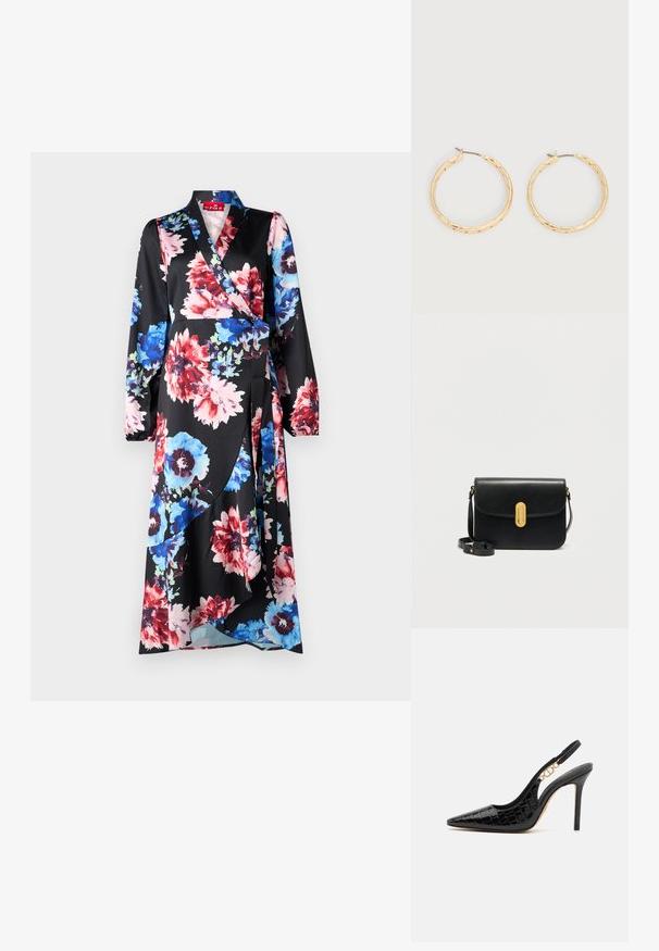 Blomstrete omslagskjole i sort stof med store røde, blå og pink blomster. Lange ærmer, v-hals og en bindebånd i taljen med en svømmede silhuet.; Sorte laklæder slingback hæle med spids tå, krokodilleskindsstruktur og en gylden kædeaccent på hælen. Stiletto-design.; Sort læder crossbody-taske med klaplukning, guldfarvet hardware, justerbar rem og glat tekstur. Enkel design, ingen mønstre.; Par af guldfarvede teksturerede hoop-øreringe med tynde stifter på en hvid baggrund.