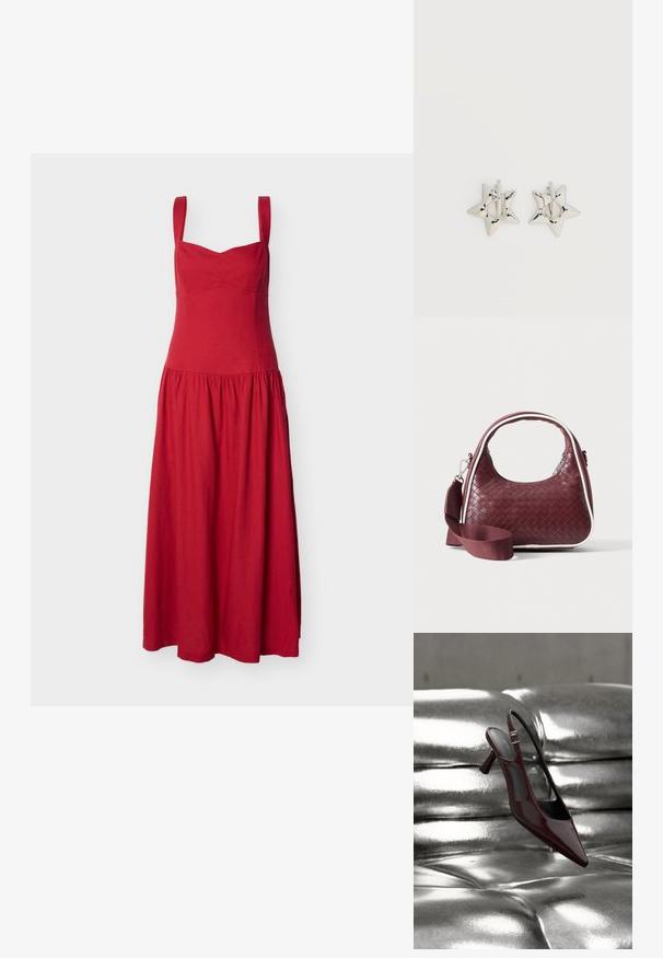 Robe midi rouge avec larges bretelles, corsage ajusté et jupe froncée sur un fond blanc uni.; Escarpin slingback à talon haut, rouge foncé brillant avec bout pointu, présenté sur une surface en cuir argenté capitonné et brillant.; Sac à main en cuir tressé marron foncé avec poignée courbée, garniture blanche, fermeture éclair argentée et bandoulière large en tissu amovible sur fond uni.; Boucles d’oreilles créoles en forme d’étoile argentée avec une finition lisse et polie sur un fond blanc uni.