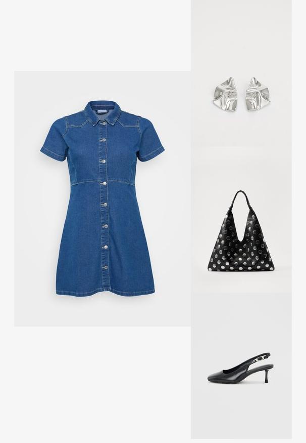 Blå denimkjole med korte ærmer, knaplukning foran og en skræddersyet pasform. Har kontrasterende syninger og en krave.; Sort læder slingback-sko med spids snude, lav, slank kittenhæl og justerbar spænde på en ensfarvet lys baggrund.; Sort lædertaske med en trekantet form, udstyret med sølvfarvede metallic prikker og et tekstureret håndtag. Generelt glat finish.; Sølvmetal øreringe med et bølgende, skulpturelt design, der har en poleret overflade og uregelmæssige former, hvilket fremhæver en moderne æstetik.