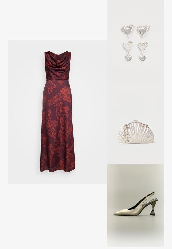 Μακρύ, μπορντό φόρεμα με λαιμόκοψη καμπούρας, που διαθέτει λουλουδάτο μοτίβο σε σκούρες αποχρώσεις. Φτιαγμένο από λείο ύφασμα που πέφτει απαλά.; Μονό χρυσό παπούτσι slingback με μυτερή μύτη και μοναδικό γεωμετρικό μεταλλικό τακούνι σε ουδέτερο φόντο.; Μεταλλικό ασημί τσαντάκι clutch σε σχήμα κοχυλιού με ασημένια αλυσίδα ιμάντα που κρέμεται στο πλάι.; Ασημένια σκουλαρίκια σε σχήμα καρδιάς, με φωτεινές διαφανείς πέτρες και υφή στο πλαίσιο. Το σετ περιλαμβάνει σκουλαρίκια καρφωτά και κρεμαστά.