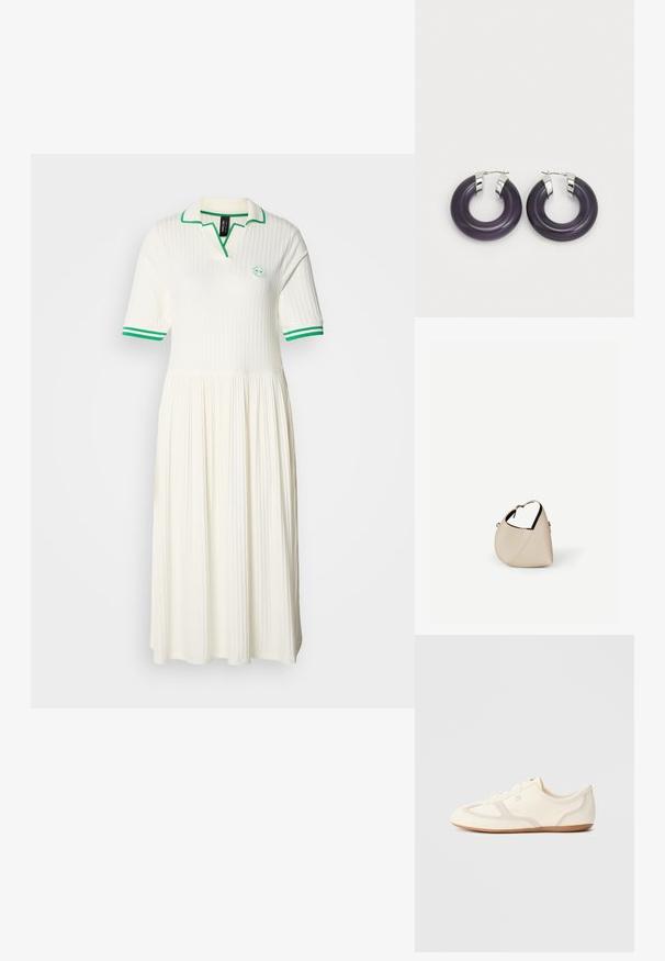 Robe polo blanche côtelée avec une jupe évasée, accent vert sur le col et les manches, présentant un logo rond sur la poitrine.; Baskets couleur crème avec une tige en daim et tissu, un bout arrondi, et une semelle en caoutchouc avec un détail accent beige. Fermeture à lacets.; Sac à main en cuir beige en forme de croissant avec une seule bandoulière et des coutures minimalistes, posé sur un fond blanc uni.; Boucles d'oreilles en résine violet avec des accents en métal argenté. Forme circulaire avec une finition brillante, dotées d'une fermeture à charnière sécurisée.
