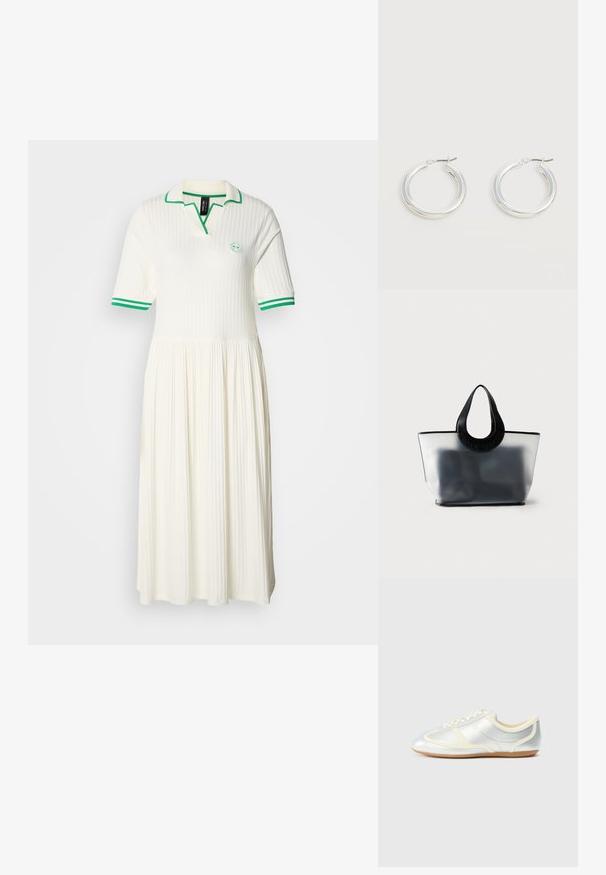 Robe polo blanche côtelée avec une jupe évasée, accent vert sur le col et les manches, présentant un logo rond sur la poitrine.; Baskets synthétiques argentées avec accents crème, profil bas, bout arrondi et semelle en caoutchouc plate ; dotées de coutures classiques et d'une fermeture à lacets.; Sac tote gris translucide avec poignées noires arrondies embossées du nom de la marque, montrant un contenu sombre flou à l'intérieur.; Paire de boucles d'oreilles créoles moyennes argentées brillantes avec de fines attaches métalliques sur un fond clair et neutre.
