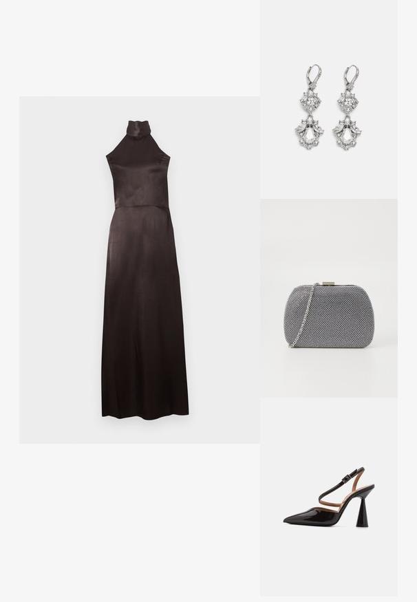 Mouwloze zwarte jurk met hoogsluitende hals van glad satijn. Vloerlengte ontwerp met een aansluitend lijfje en een vloeiende rok. Minimale details.; Zwarte gepatenteerde leren slingback schoen met een spitse neus, gesloten hiel en een brede conische hak. Voorzien van een dunne enkelband met een sluiting.; Zwart-witte textuur clutch tas met een ronde vorm, zilveren kettingband en een metalen sluiting aan de bovenkant.; Zilverkleurige oorbellen met meerdere heldere kristalgesteenten in druppel- en marquisevormen, met sluitingen met een leversysteem en ingewikkelde details.