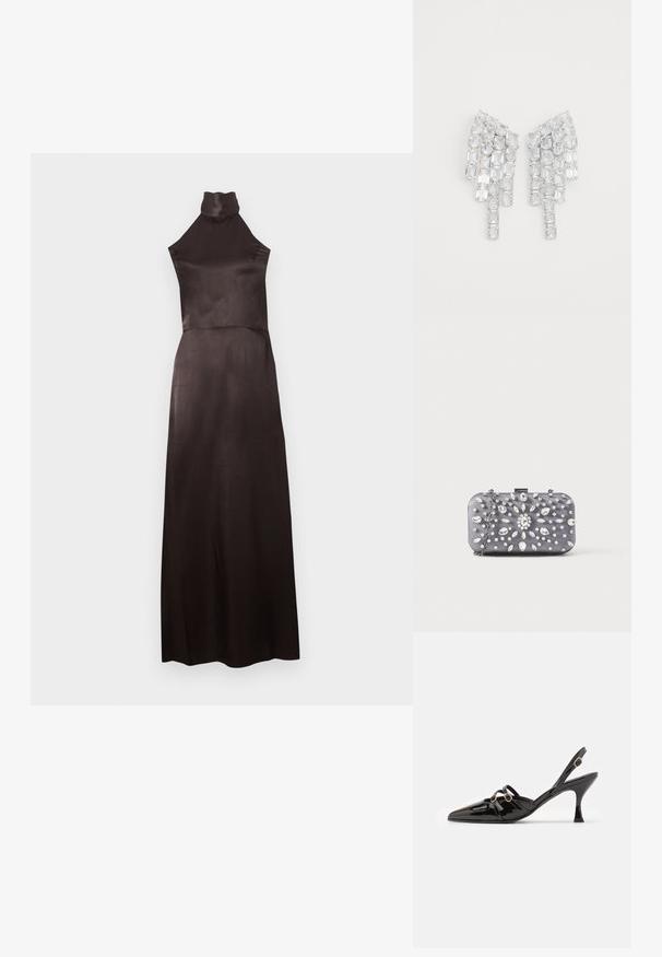 Ærmeløs, sort kjole med høj hals i glat satin. Gulvlængde med figursyet overdel og flydende skørt. Minimalistisk detaljering.; ALOHAS JOELLE ONIX - Pumps - black; Lille rektangulær mørkegrå clutch pyntet med klare rhinsten i et strålende mønster og en sølvkæde som strop.; Klare krystaløreringe med et forlænget design, der har rektangulære og firkantede sten, der falder i en vifteform. Skinner med en glitrende overfladetextur.