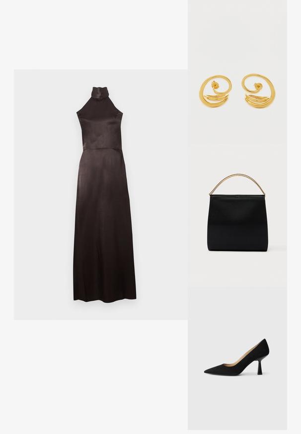 Mouwloze zwarte jurk met hoogsluitende hals van glad satijn. Vloerlengte ontwerp met een aansluitend lijfje en een vloeiende rok. Minimale details.; Zwarte suède high-heeled pump met een spitse neus, voorzien van een glanzende zwarte blokhak en een gladde binnenvoering.; Zwarte tas van gladde stof met een gestructureerde vorm, een handvat van gouden ketting en een minimalistisch geometrisch ontwerp.; Gouden oorringen in een ronde vorm met een spiraalvormig ontwerp, gladde, glanzende oppervlakken en een eenvoudige, moderne uitstraling.