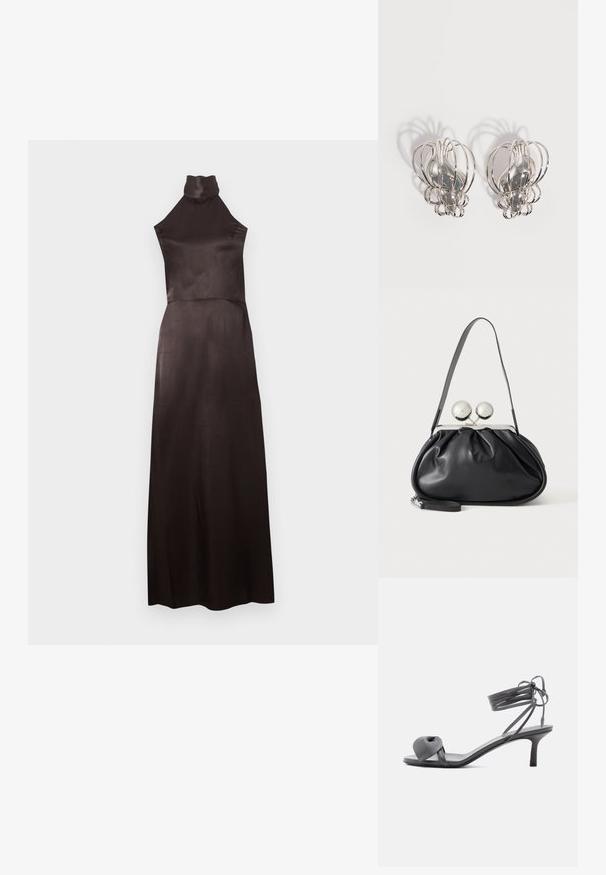 Robe noire sans manches à col montant en satin lisse. Modèle longueur au sol avec un corsage ajusté et une jupe fluide. Détails minimalistes.; Sandale à talon en cuir gris avec une bride nouée sur les orteils et des lacets enroulants autour de la cheville, sur un talon moyen et fin, sur fond blanc.; Sac à main en cuir noir avec un design plissé, une sangle unique, un cadre métallique argenté et deux grandes fermoirs ronds en argent.; Paire de boucles d'oreilles en métal argenté avec un design en cage à fil ouvert et des formes ovales centrales lisses projetant des ombres courbes sur un fond blanc.