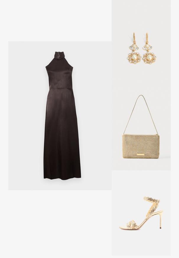 Robe noire sans manches à col montant en satin lisse. Modèle longueur au sol avec un corsage ajusté et une jupe fluide. Détails minimalistes.; Sandale à talon haut dorée avec des brides tissées texturées, une boucle à la cheville et un talon aigu slim sur fond blanc.; Pochette dorée de forme rectangulaire, recouverte de strass argentés brillants. Dotée d'une fine bandoulière métallique et d'une fermeture éclair.; Boucles d'oreilles pendantes dorées avec perles centrales, pétales en cristal clair et petits cristaux formant un motif floral sur un fond uni clair.