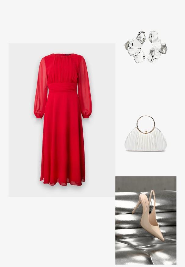 Rode chiffon jurk met lange, doorzichtige mouwen, geplooide lijfje en een vloeiende A-lijn silhouet. Zachte textuur en enkellange ontwerp.; Beige lakleren hoge hak slingback schoen met het label "VEGAN" rustend op een metallic zilveren gewatteerd oppervlak.; Witte geplooide handtas met een ronde gouden handgreep, gemaakt van zacht materiaal en een afgeronde vorm. Elegante uitstraling met een gestructureerde afwerking.; Cluster van zes onregelmatig gevormde, doorschijnende en reflecterende glasachtige stukken die zijn gerangschikt op een witte achtergrond.
