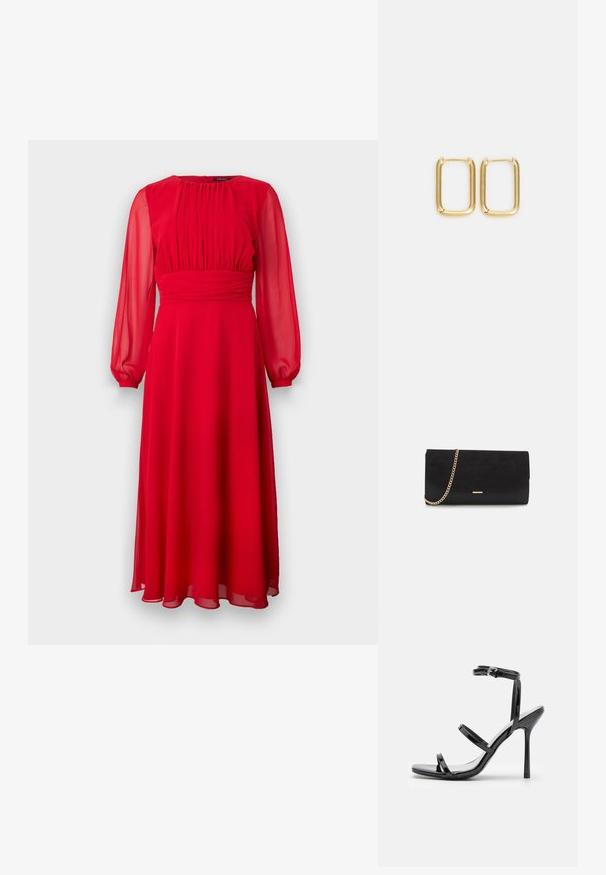 Κόκκινο φόρεμα από chiffon με μακρυά, διαφανή μανίκια, πτυχωτό κορσάζ και ρέουσα A-line σιλουέτα. Μαλακή υφή και σχέδιο που φτάνει μέχρι τον αστράγαλο.; Μαύρες πατεντέ δερμάτινες σανδάλια με ψηλό τακούνι, τρία οριζόντια λουριά και ρυθμιζόμενο λουρί στον αστράγαλο. Κομψό σιλουέτα και γυαλιστερό φινίρισμα.; Μαύρη τσάντα clutch από σουέτ με υφή, που διαθέτει χρυσό λουρί και κομψό, γωνιακό σχέδιο.; Χρυσά μεταλλικά σκουλαρίκια κρίκοι σε τετράγωνο σχήμα με λεία άκρα και γυαλιστερή φινιρίσμα, που αντανακλούν το φως με την λαμπερή τους επιφάνεια.