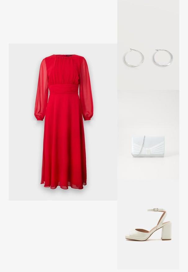 Robe en chiffon rouge avec de longues manches transparentes, un corsage plissé et une silhouette évasée. Texture douce et design jusqu'aux chevilles.; Sandales à talons ouvertes blanches avec une finition brillante, une sangle de cheville réglable et un talon carré. Texture lisse et design minimaliste.; Pochette bleu clair avec un design plissé. Présente une forme rectangulaire, une chaîne en bandoulière et une texture lisse avec un accent central.; Boucles d’oreilles créoles en métal argenté avec une surface lisse légèrement incurvée et des fermoirs à clapet sur un fond blanc uni.