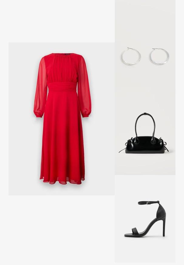 Rode chiffon jurk met lange, doorzichtige mouwen, geplooide lijfje en een vloeiende A-lijn silhouet. Zachte textuur en enkellange ontwerp.; Zwarte sandalen met hoge hakken, met een slank ontwerp, voorzien van een enkelbandje, open teen en een gladde leren textuur.; Kleine zwarte glanzende handtas met twee lange hengsels en zijkant trekkoord details op een effen lichte achtergrond.; Zilverkleurige metalen creolen oorbellen met een glad, licht gebogen oppervlak en sluitingen met haaksluiting op een effen witte achtergrond.